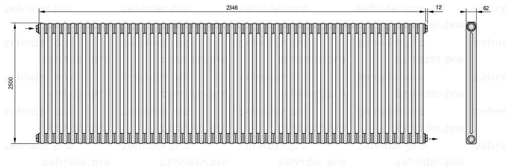 Схема (чертеж) Радиатор Zehnder Charleston 2250/51 №1670 Белый глянцевый RAL 9016